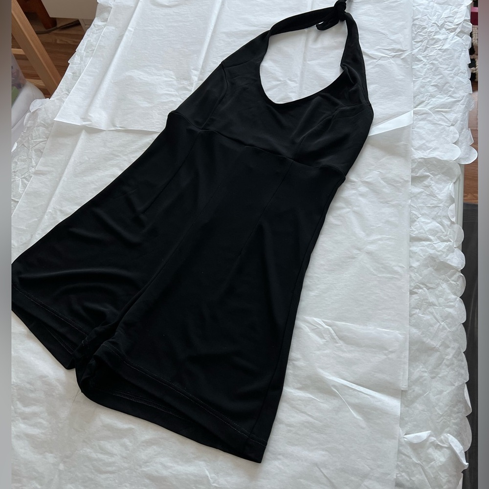 EUC Black Halter Romper sz Small vneck empire waist princess seams shorty shorts